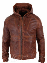 Jaqueta Bomber Masculina com Capuz em Couro Legítimo - Bege