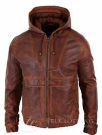 Jaqueta Bomber Masculina com Capuz em Couro Legítimo - Bege
