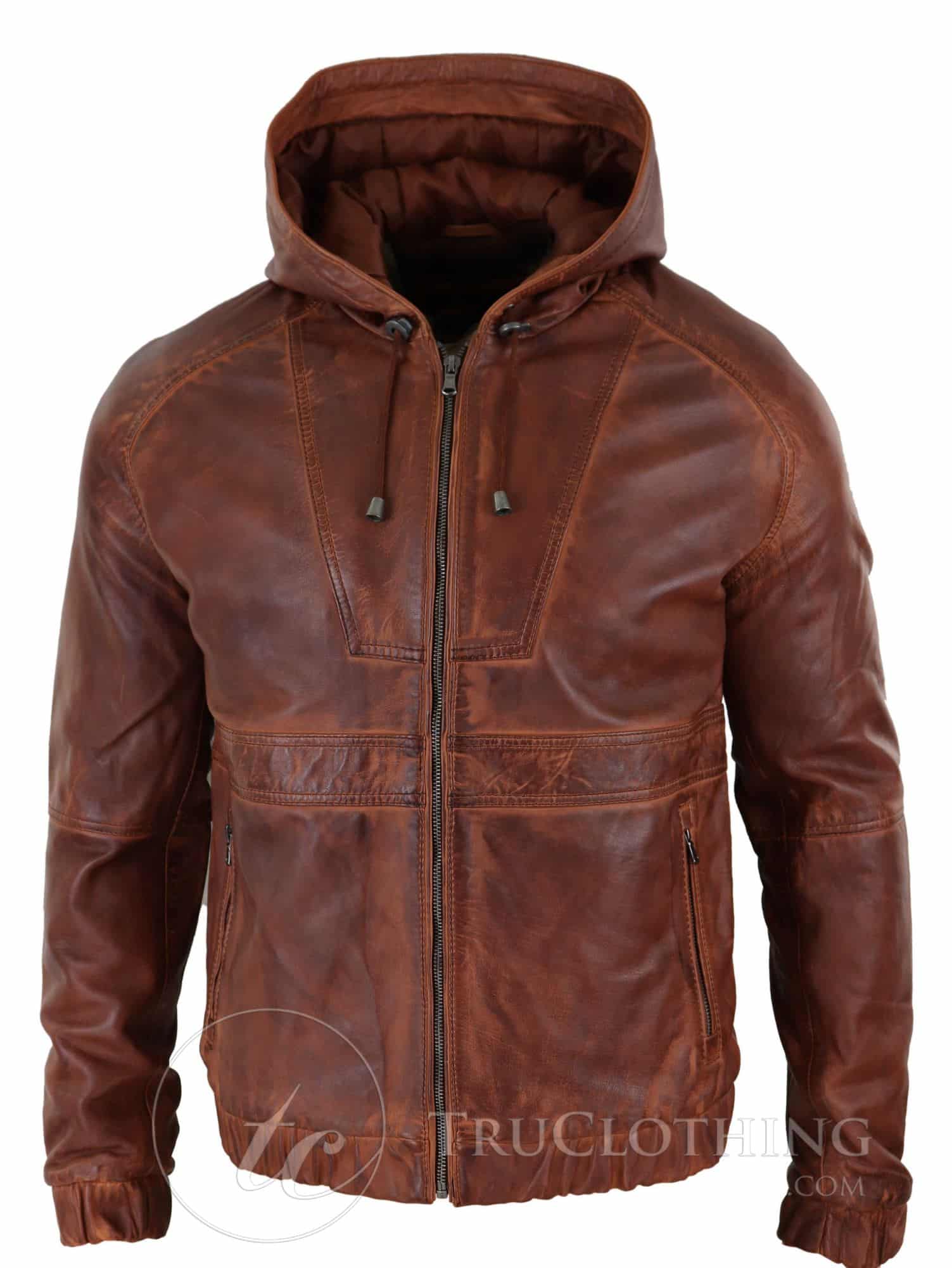Jaqueta Bomber Masculina com Capuz em Couro Legítimo - Bege
