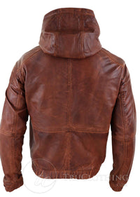 Jaqueta Bomber Masculina com Capuz em Couro Legítimo - Bege