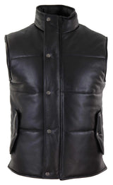 Colete masculino de couro legítimo acolchoado, modelo puffer, quente, com zíper, estilo casual, preto.