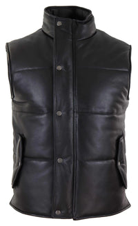 Colete masculino de couro legítimo acolchoado, modelo puffer, quente, com zíper, estilo casual, preto.