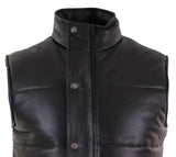 Colete masculino de couro legítimo acolchoado, modelo puffer, quente, com zíper, estilo casual, preto.