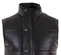 Colete masculino de couro legítimo acolchoado, modelo puffer, quente, com zíper, estilo casual, preto.