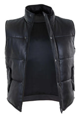 Colete masculino de couro legítimo acolchoado, modelo puffer, quente, com zíper, estilo casual, preto.