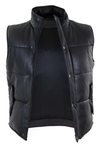Colete masculino de couro legítimo acolchoado, modelo puffer, quente, com zíper, estilo casual, preto.
