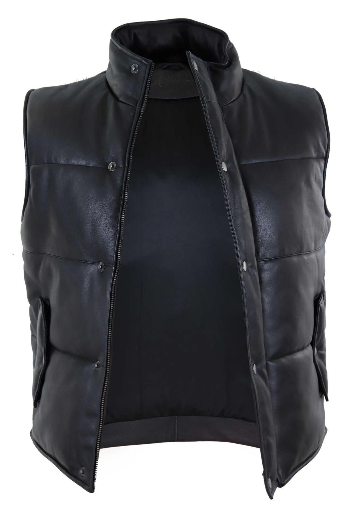 Colete masculino de couro legítimo acolchoado, modelo puffer, quente, com zíper, estilo casual, preto.