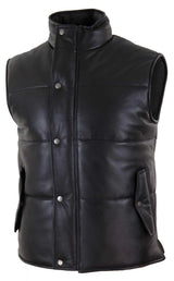 Colete masculino de couro legítimo acolchoado, modelo puffer, quente, com zíper, estilo casual, preto.