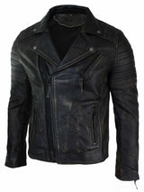 Jaqueta masculina retrô vintage Brando de couro legítimo, corte slim, com zíper cruzado, estilo motociclista vintage - cor preta com efeito de desgaste.