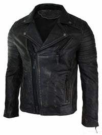 Jaqueta masculina retrô vintage Brando de couro legítimo, corte slim, com zíper cruzado, estilo motociclista vintage - cor preta com efeito de desgaste.