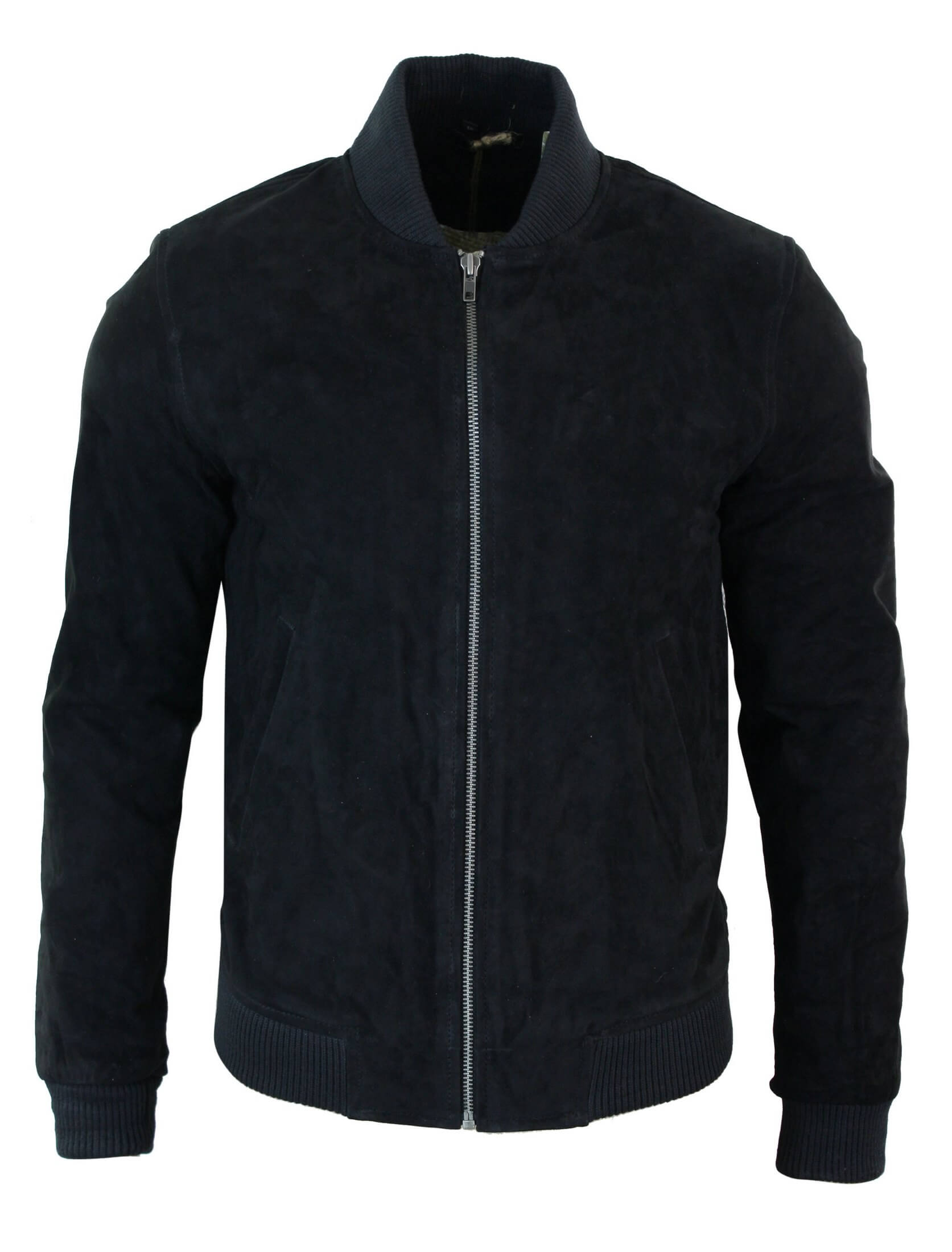 Jaqueta Bomber Masculina Universitária em Couro Camurça Legítimo, Estilo Clássico Retrô Vintage - Preta