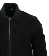 Jaqueta Bomber Masculina Universitária em Couro Camurça Legítimo, Estilo Clássico Retrô Vintage - Preta