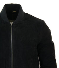 Jaqueta Bomber Masculina Universitária em Couro Camurça Legítimo, Estilo Clássico Retrô Vintage - Preta