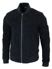 Jaqueta Bomber Masculina Universitária em Couro Camurça Legítimo, Estilo Clássico Retrô Vintage - Preta