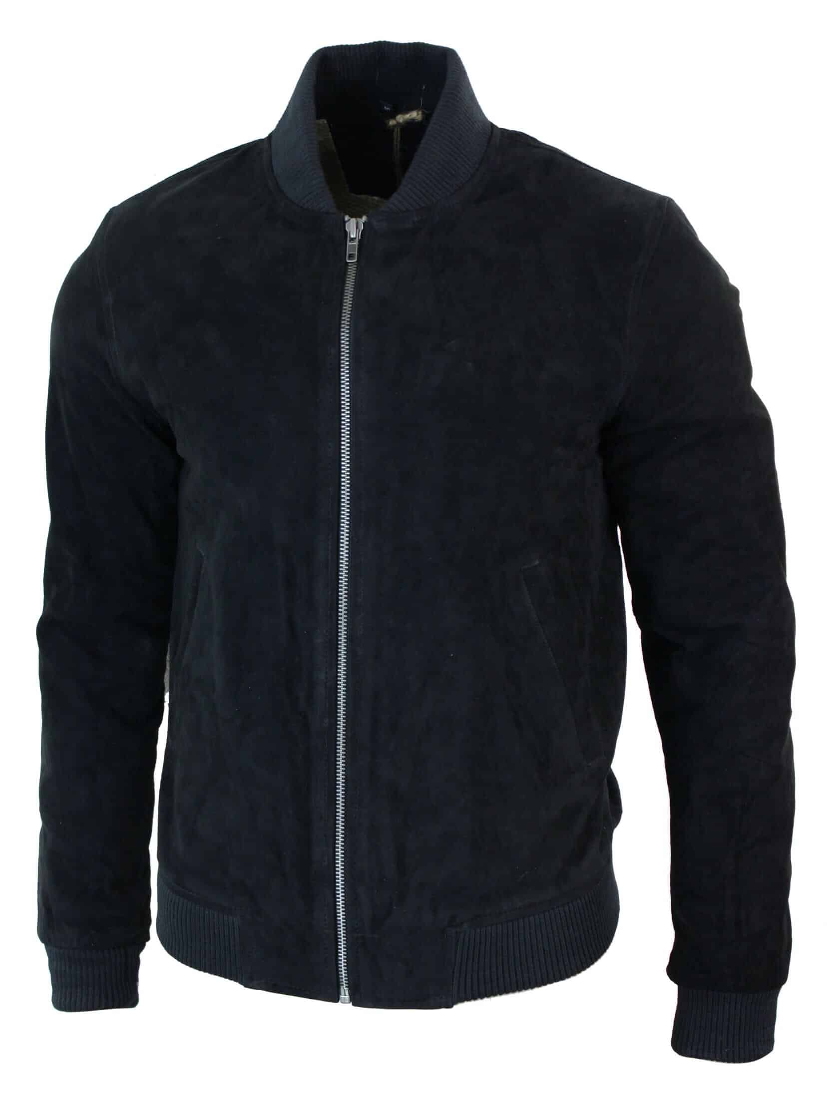 Jaqueta Bomber Masculina Universitária em Couro Camurça Legítimo, Estilo Clássico Retrô Vintage - Preta