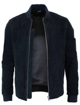 Jaqueta Bomber Masculina Universitária em Couro Camurça Legítimo, Estilo Clássico Retrô Vintage - Preta