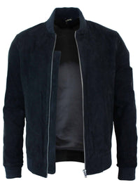 Jaqueta Bomber Masculina Universitária em Couro Camurça Legítimo, Estilo Clássico Retrô Vintage - Preta