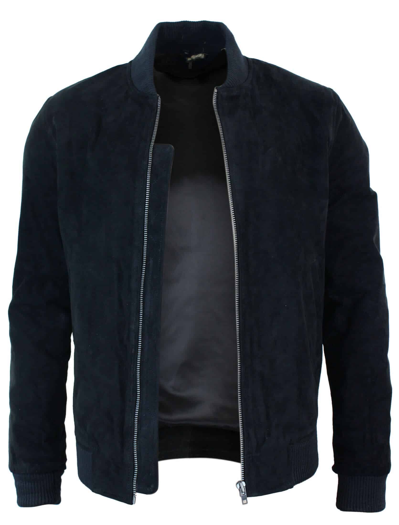 Jaqueta Bomber Masculina Universitária em Couro Camurça Legítimo, Estilo Clássico Retrô Vintage - Preta