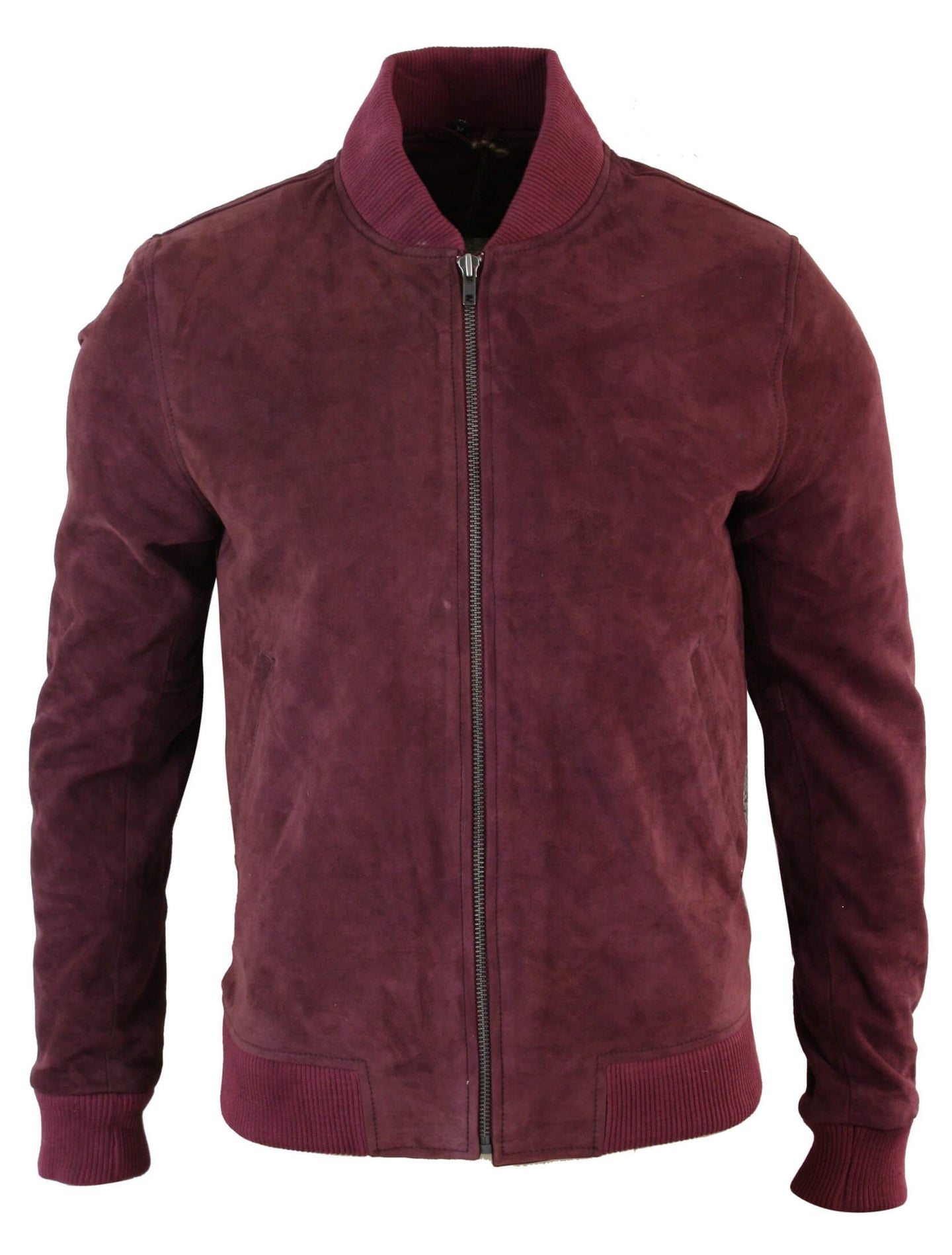 Jaqueta Bomber Masculina Universitária em Couro Camurça Legítimo, Estilo Clássico Retrô Vintage - Bordô