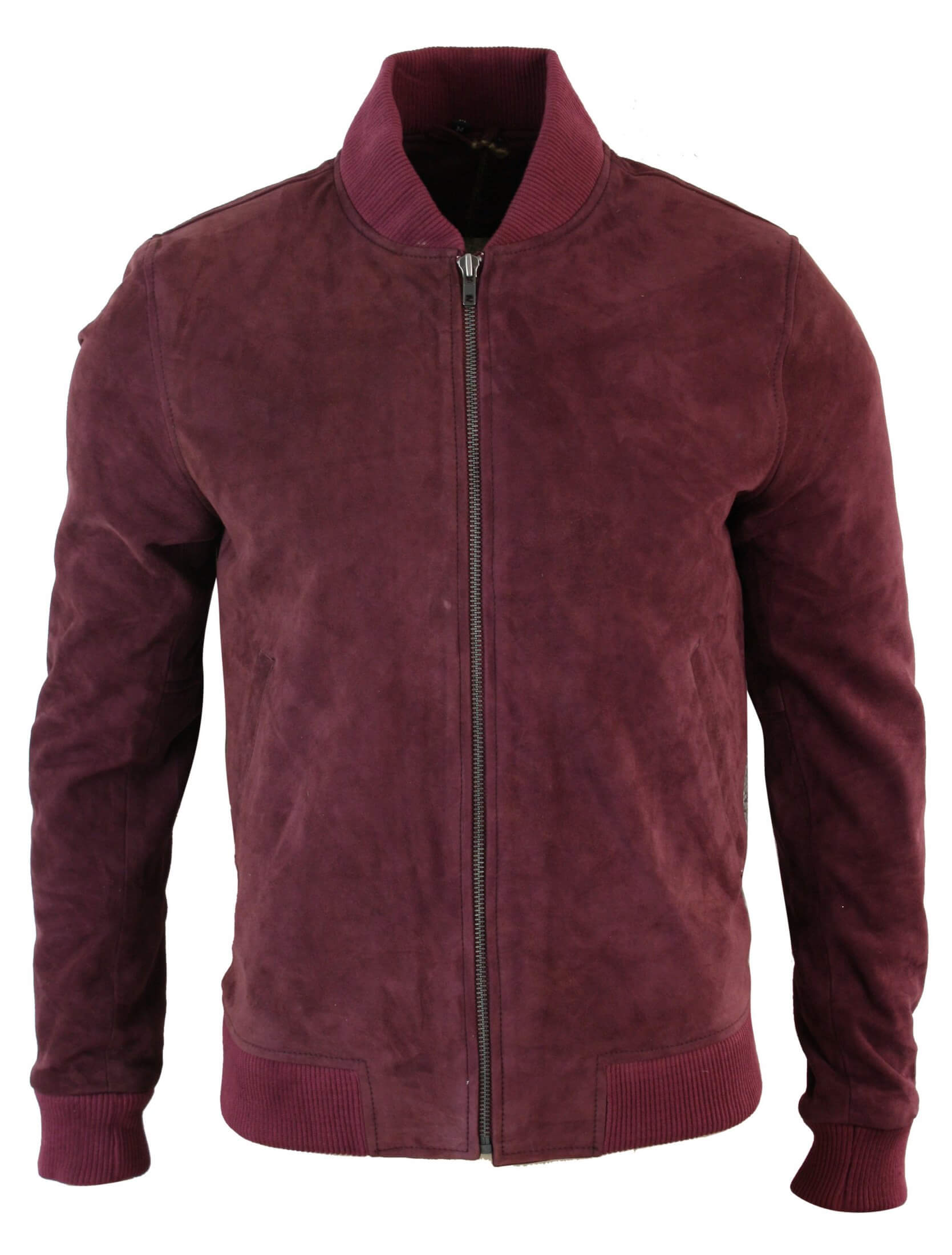 Jaqueta Bomber Masculina Universitária em Couro Camurça Legítimo, Estilo Clássico Retrô Vintage - Bordô