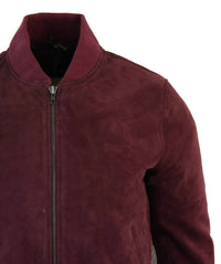Jaqueta Bomber Masculina Universitária em Couro Camurça Legítimo, Estilo Clássico Retrô Vintage - Bordô