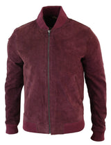 Jaqueta Bomber Masculina Universitária em Couro Camurça Legítimo, Estilo Clássico Retrô Vintage - Bordô