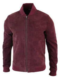 Jaqueta Bomber Masculina Universitária em Couro Camurça Legítimo, Estilo Clássico Retrô Vintage - Bordô