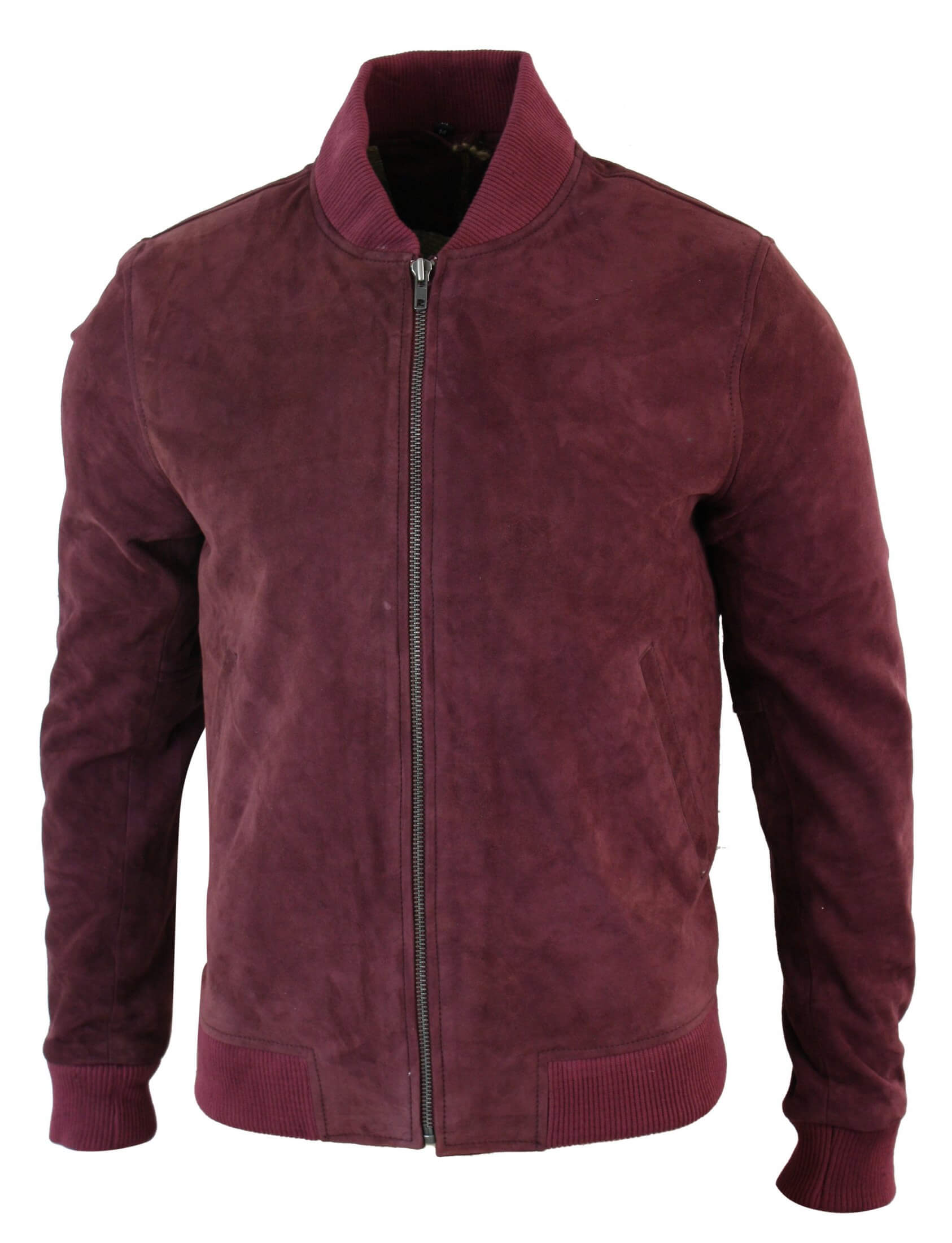 Jaqueta Bomber Masculina Universitária em Couro Camurça Legítimo, Estilo Clássico Retrô Vintage - Bordô