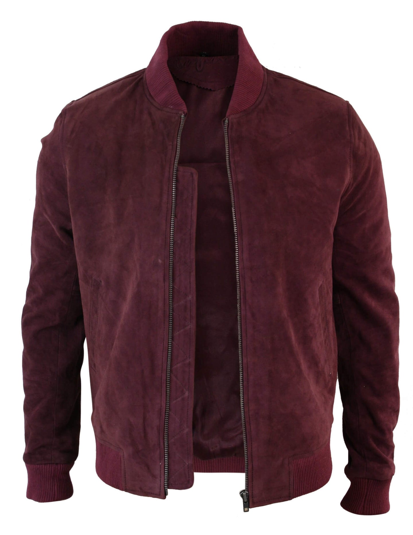 Jaqueta Bomber Masculina Universitária em Couro Camurça Legítimo, Estilo Clássico Retrô Vintage - Bordô