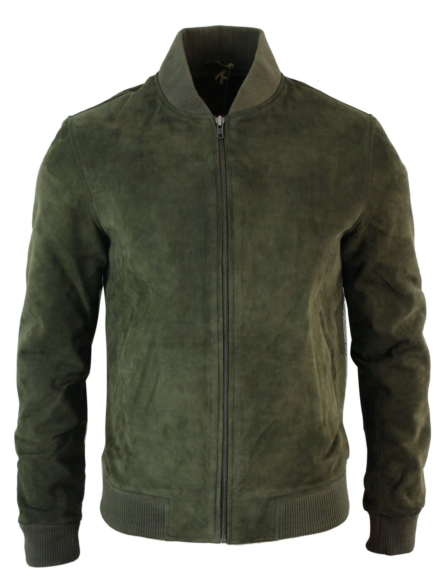 Jaqueta Bomber Masculina Universitária em Couro Camurça Legítimo, Estilo Clássico Retrô Vintage - Verde Oliva