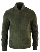 Jaqueta Bomber Masculina Universitária em Couro Camurça Legítimo, Estilo Clássico Retrô Vintage - Verde Oliva