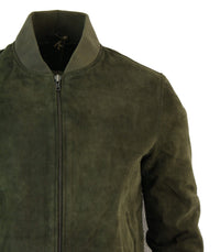 Jaqueta Bomber Masculina Universitária em Couro Camurça Legítimo, Estilo Clássico Retrô Vintage - Verde Oliva