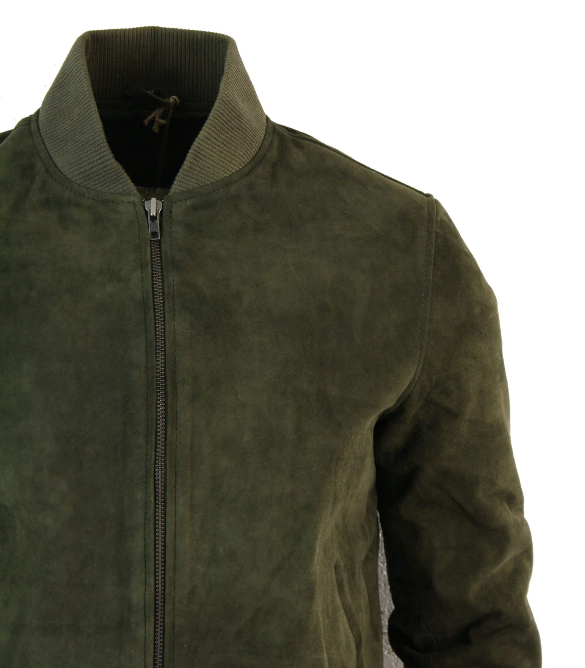 Jaqueta Bomber Masculina Universitária em Couro Camurça Legítimo, Estilo Clássico Retrô Vintage - Verde Oliva