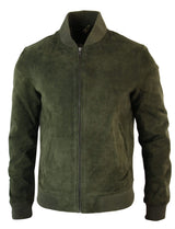 Jaqueta Bomber Masculina Universitária em Couro Camurça Legítimo, Estilo Clássico Retrô Vintage - Verde Oliva