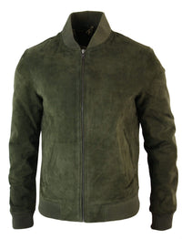 Jaqueta Bomber Masculina Universitária em Couro Camurça Legítimo, Estilo Clássico Retrô Vintage - Verde Oliva