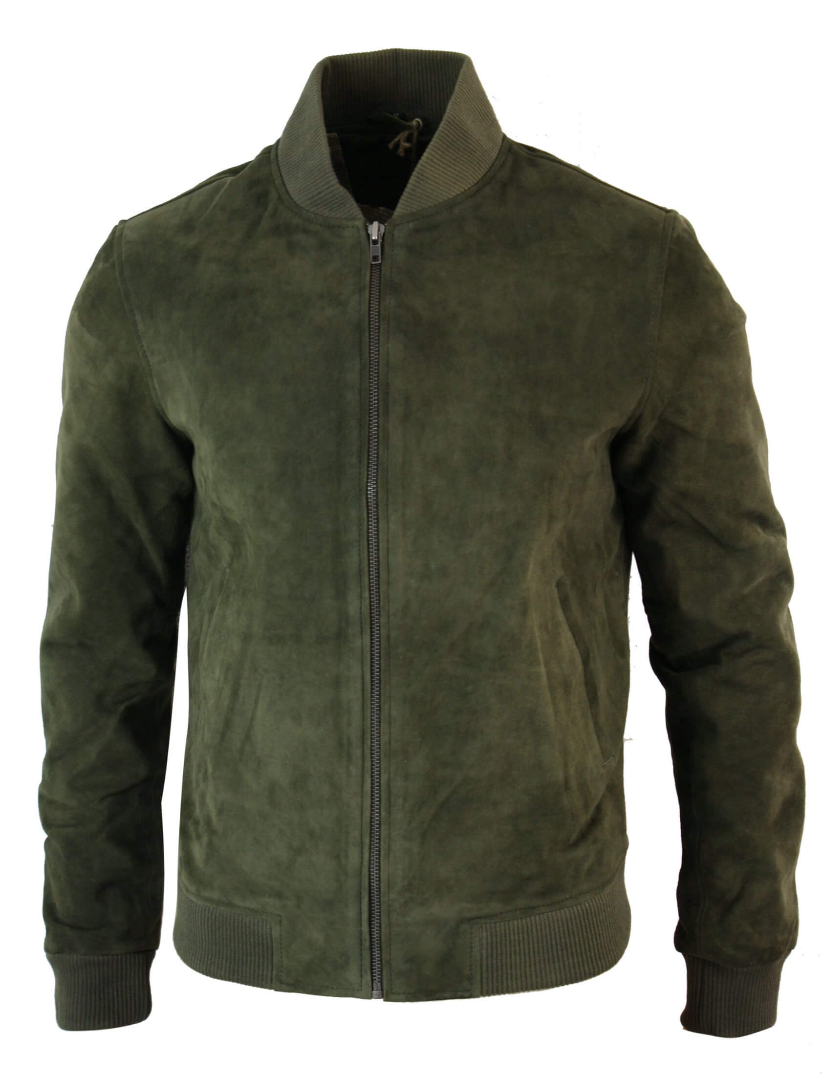 Jaqueta Bomber Masculina Universitária em Couro Camurça Legítimo, Estilo Clássico Retrô Vintage - Verde Oliva