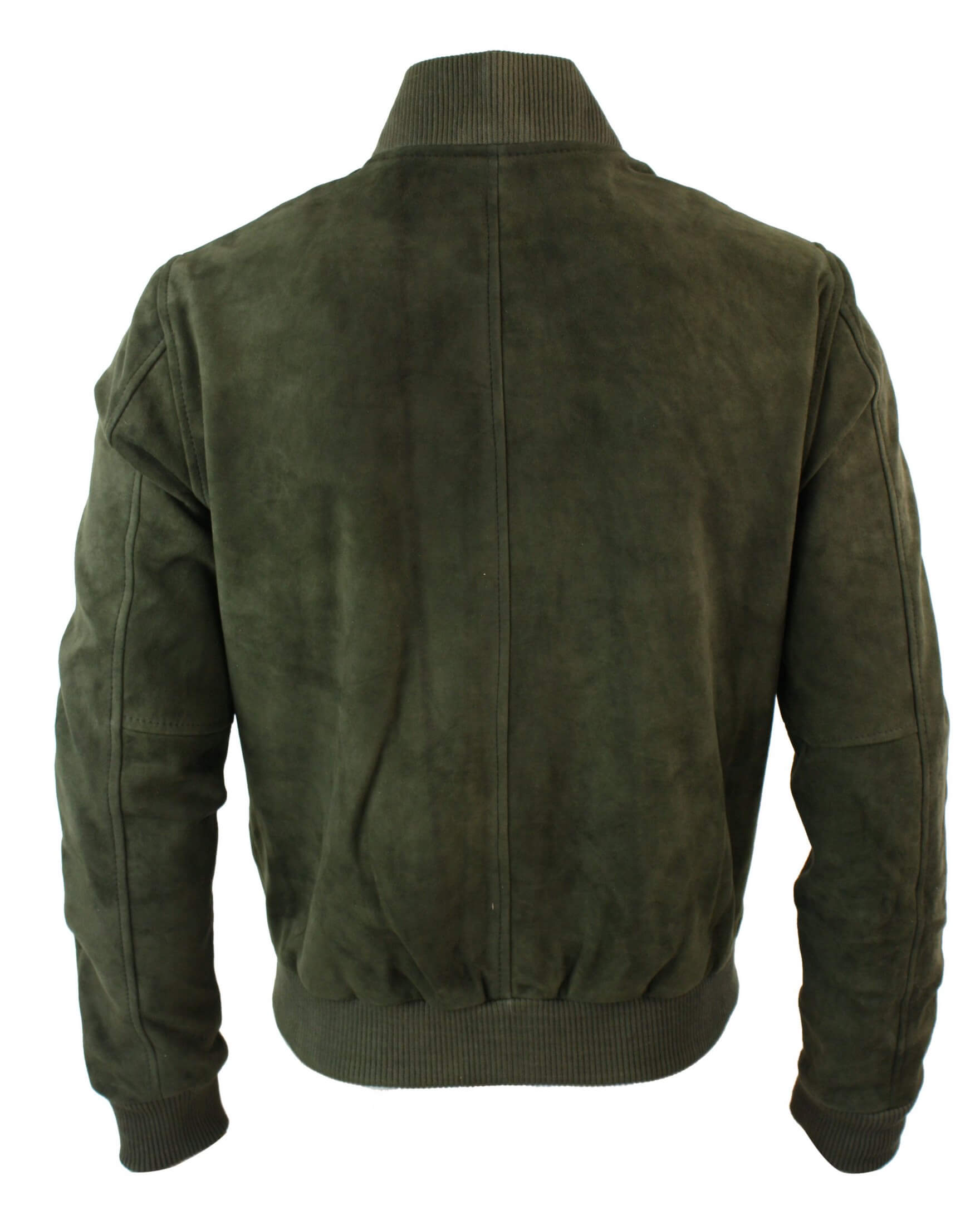Jaqueta Bomber Masculina Universitária em Couro Camurça Legítimo, Estilo Clássico Retrô Vintage - Verde Oliva