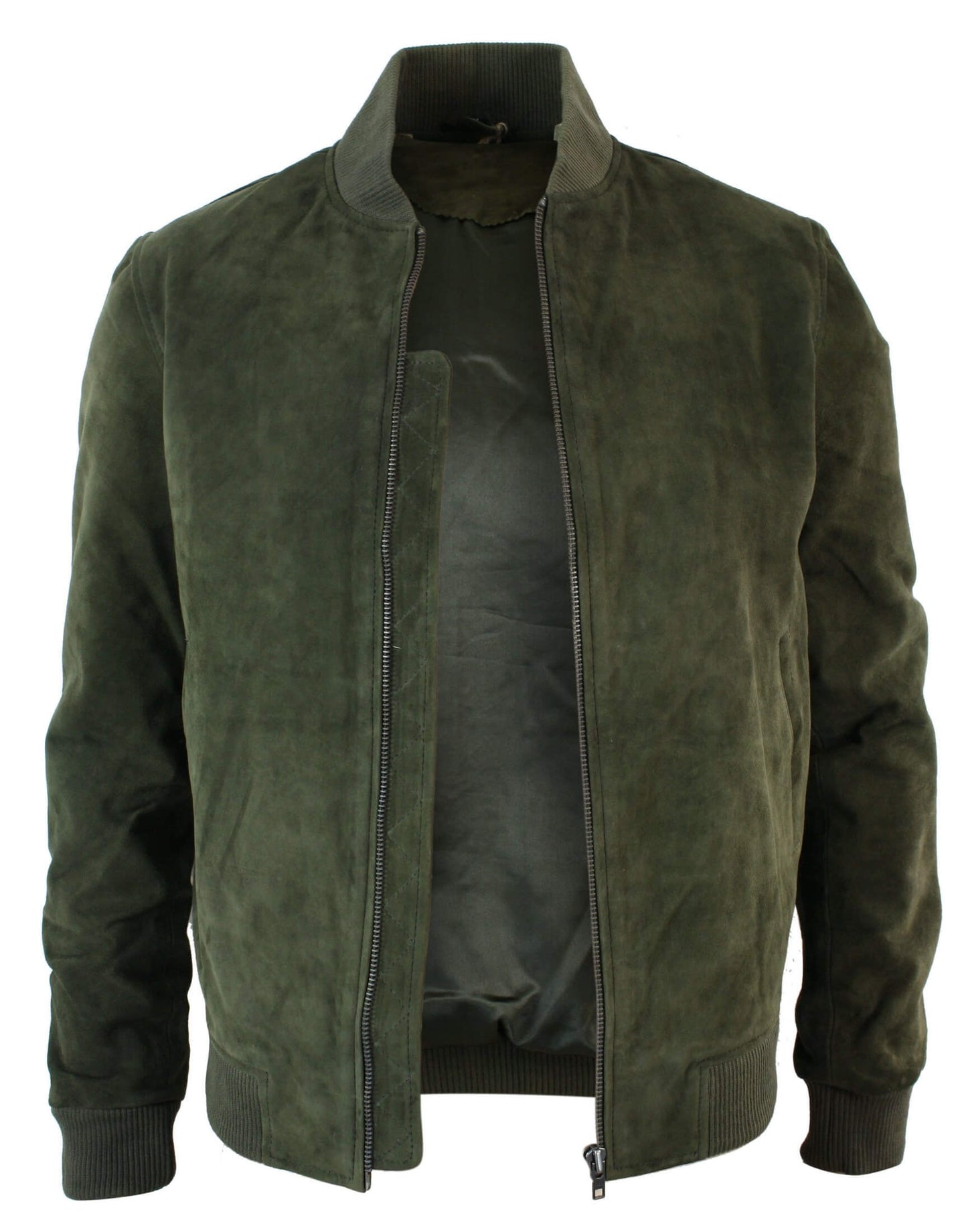 Jaqueta Bomber Masculina Universitária em Couro Camurça Legítimo, Estilo Clássico Retrô Vintage - Verde Oliva