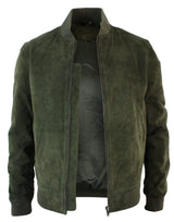 Jaqueta Bomber Masculina Universitária em Couro Camurça Legítimo, Estilo Clássico Retrô Vintage - Verde Oliva