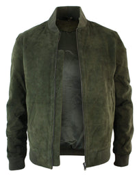 Jaqueta Bomber Masculina Universitária em Couro Camurça Legítimo, Estilo Clássico Retrô Vintage - Verde Oliva