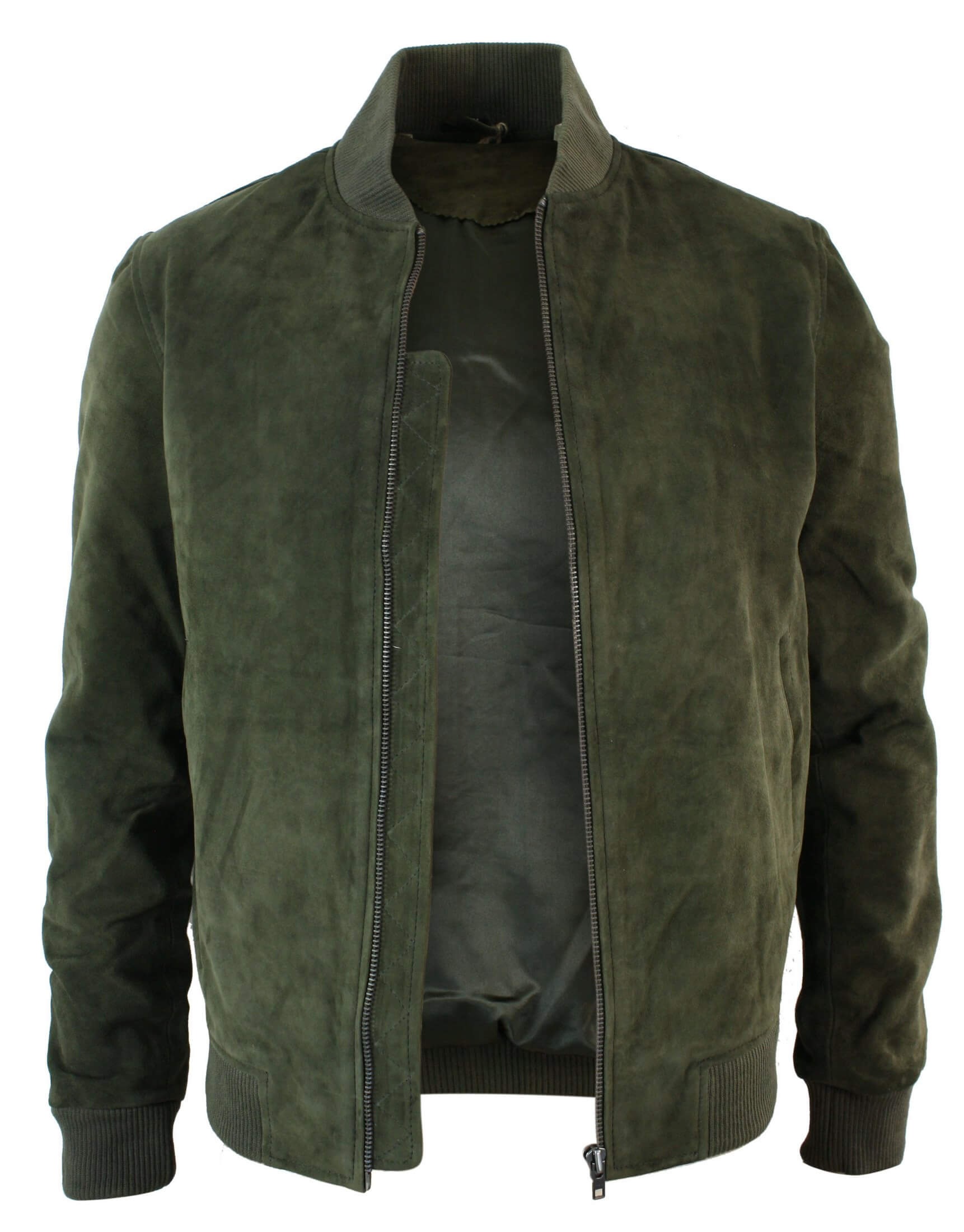 Jaqueta Bomber Masculina Universitária em Couro Camurça Legítimo, Estilo Clássico Retrô Vintage - Verde Oliva