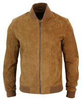 Jaqueta Bomber Masculina Universitária em Couro Camurça Legítimo, Estilo Clássico Retrô Vintage - Marrom Claro