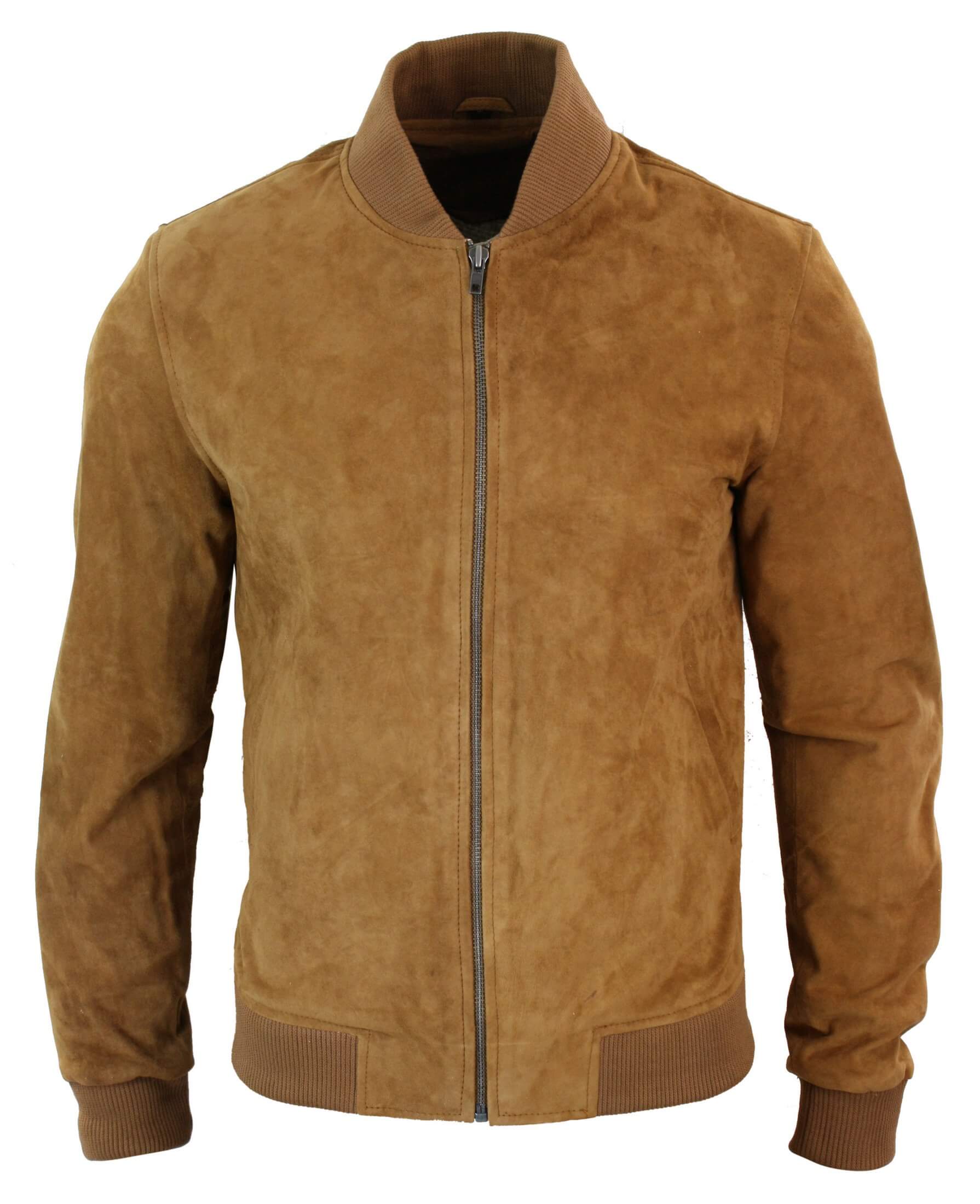 Jaqueta Bomber Masculina Universitária em Couro Camurça Legítimo, Estilo Clássico Retrô Vintage - Marrom Claro
