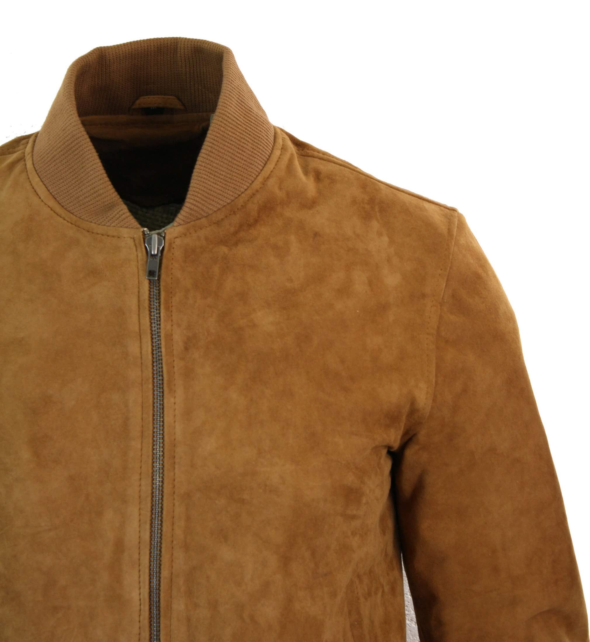 Jaqueta Bomber Masculina Universitária em Couro Camurça Legítimo, Estilo Clássico Retrô Vintage - Marrom Claro
