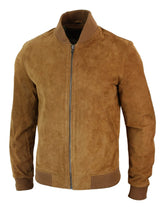 Jaqueta Bomber Masculina Universitária em Couro Camurça Legítimo, Estilo Clássico Retrô Vintage - Marrom Claro