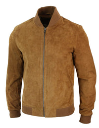 Jaqueta Bomber Masculina Universitária em Couro Camurça Legítimo, Estilo Clássico Retrô Vintage - Marrom Claro