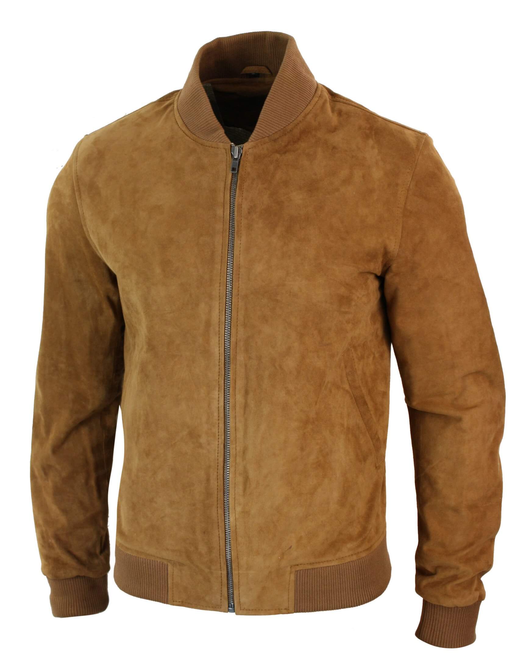 Jaqueta Bomber Masculina Universitária em Couro Camurça Legítimo, Estilo Clássico Retrô Vintage - Marrom Claro