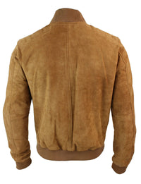 Jaqueta Bomber Masculina Universitária em Couro Camurça Legítimo, Estilo Clássico Retrô Vintage - Marrom Claro