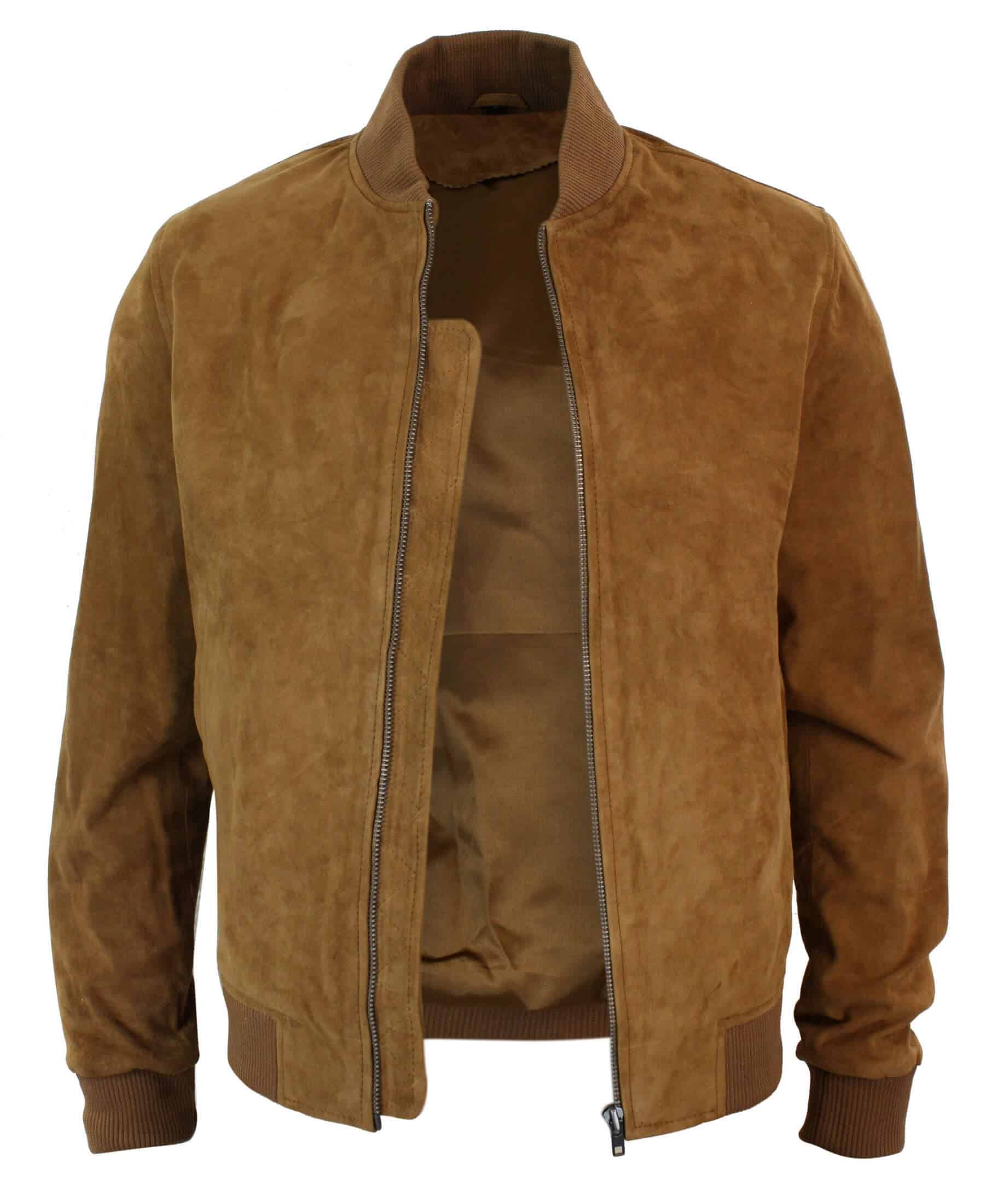 Jaqueta Bomber Masculina Universitária em Couro Camurça Legítimo, Estilo Clássico Retrô Vintage - Marrom Claro