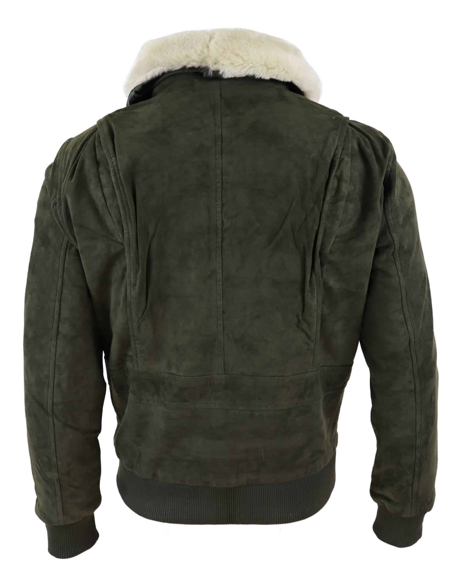 Jaqueta bomber universitária masculina em camurça genuína com gola removível - Verde Oliva